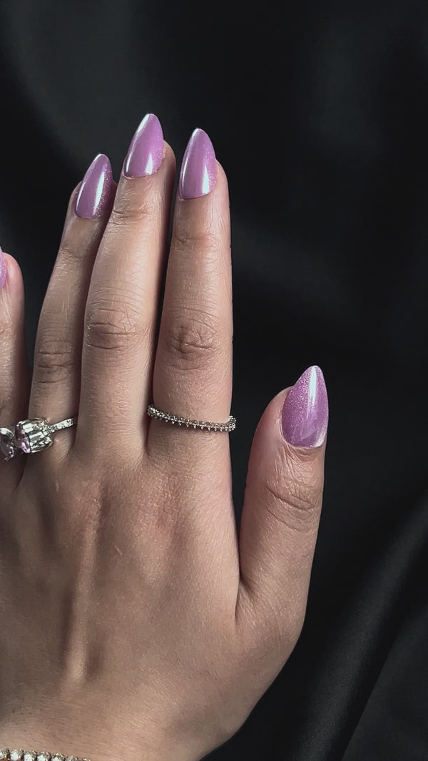 Purple Ice Almond luxury press-on nails with lavender cat eye effect by NEWRUSH